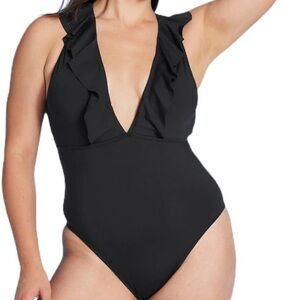Shade & Shore Women's Plunge Flounce Neckline One Piece Swimsuit - Size L